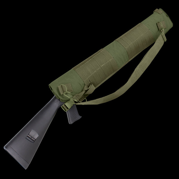 An olive drab Condor Shotgun Scabbard is attached to the stock of a black firearm, displayed against a white background.
